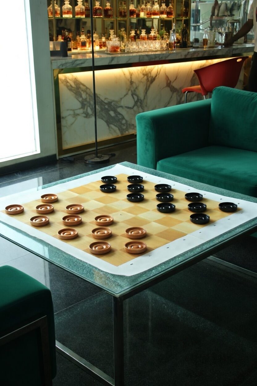 Thumbnail for Sophisticated Leisure: Teakwood Checkers in a Modern Lounge