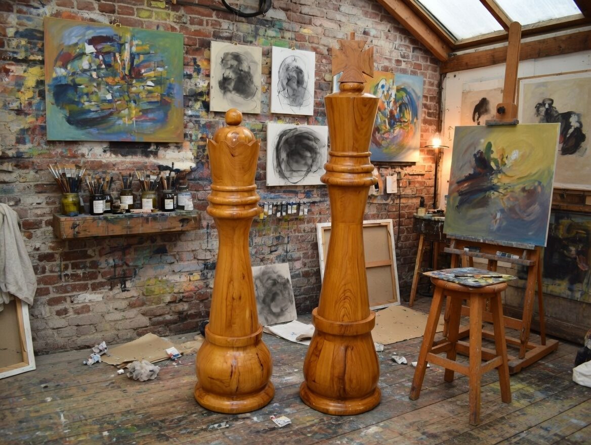 Thumbnail for The Silent Monarchs: Giant Teak Chess Pieces in the Artist's Studio