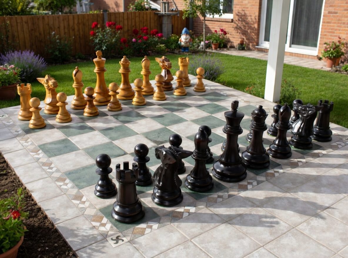 Thumbnail for The Timeless Battle: A Grand Chess Set in a Serene Backyard Garden