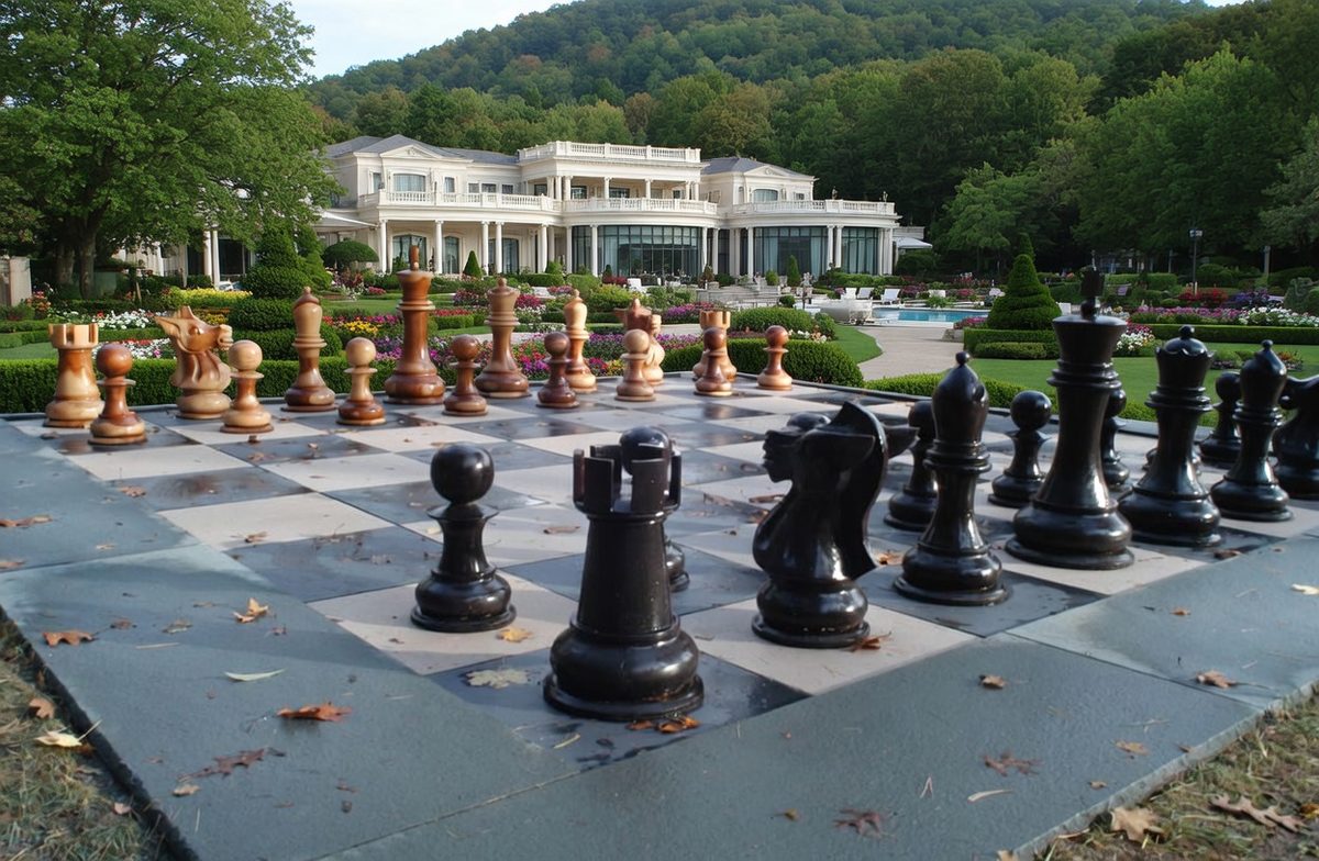 Thumbnail for Where Strategy Meets Serenity: Giant Teak Chess in a Stunning Garden